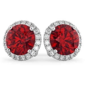 Halo Round Ruby and Diamond Earrings 14k White Gold 5.17ct - All