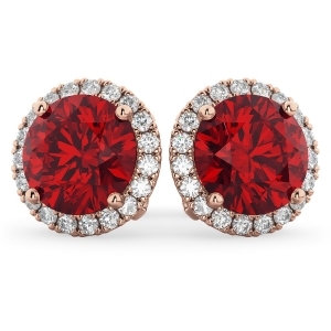 Halo Round Ruby and Diamond Earrings 14k Rose Gold 5.17ct - All