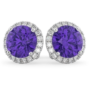 Halo Round Tanzanite and Diamond Earrings 14k White Gold 4.17ct - All