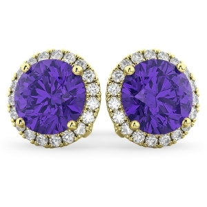 Halo Round Tanzanite and Diamond Earrings 14k Yellow Gold 4.17ct - All