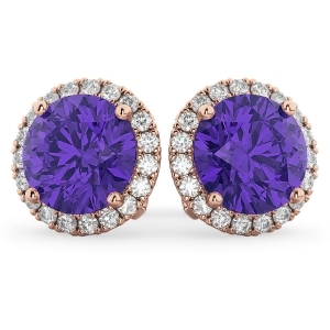 Halo Round Tanzanite and Diamond Earrings 14k Rose Gold 4.17ct - All