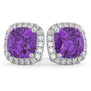 Halo Cushion Amethyst and Diamond Earrings 14k White Gold 4.04ct - All