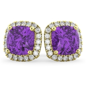 Halo Cushion Amethyst and Diamond Earrings 14k Yellow Gold 4.04ct - All