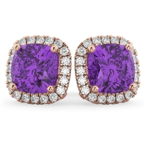 Halo Cushion Amethyst and Diamond Earrings 14k Rose Gold 4.04ct - All