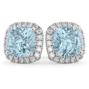 Halo Cushion Aquamarine and Diamond Earrings 14k White Gold 4.04ct - All
