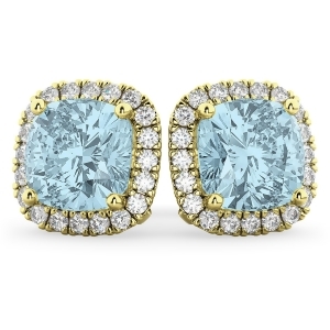 Halo Cushion Aquamarine and Diamond Earrings 14k Yellow Gold 4.04ct - All