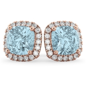 Halo Cushion Aquamarine and Diamond Earrings 14k Rose Gold 4.04ct - All