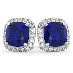 Halo Cushion Blue Sapphire and Diamond Earrings 14k White Gold 4.04ct - All