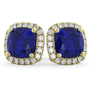 Halo Cushion Blue Sapphire and Diamond Earrings 14k Yellow Gold 4.04ct - All