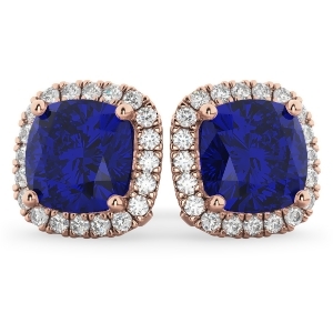 Halo Cushion Blue Sapphire and Diamond Earrings 14k Rose Gold 4.04ct - All