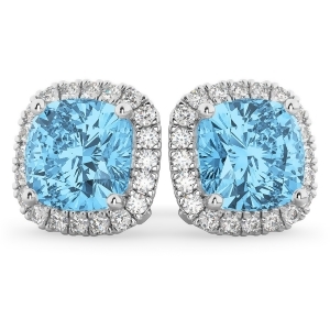 Halo Cushion Blue Topaz and Diamond Earrings 14k White Gold 4.04ct - All