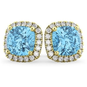 Halo Cushion Blue Topaz and Diamond Earrings 14k Yellow Gold 4.04ct - All
