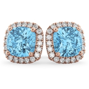 Halo Cushion Blue Topaz and Diamond Earrings 14k Rose Gold 4.04ct - All