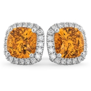 Halo Cushion Citrine and Diamond Earrings 14k White Gold 4.04ct - All