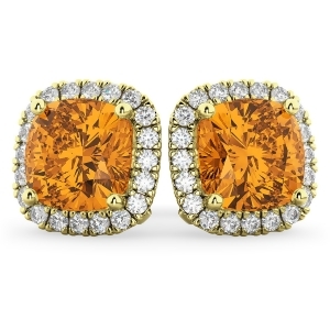 Halo Cushion Citrine and Diamond Earrings 14k Yellow Gold 4.04ct - All