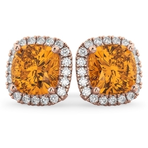 Halo Cushion Citrine and Diamond Earrings 14k Rose Gold 4.04ct - All