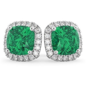 Halo Cushion Emerald and Diamond Earrings 14k White Gold 4.04ct - All