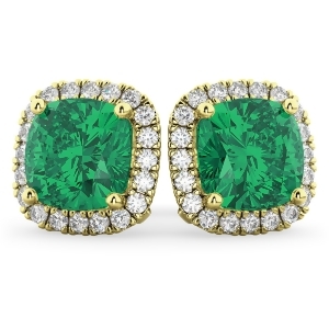 Halo Cushion Emerald and Diamond Earrings 14k Yellow Gold 4.04ct - All