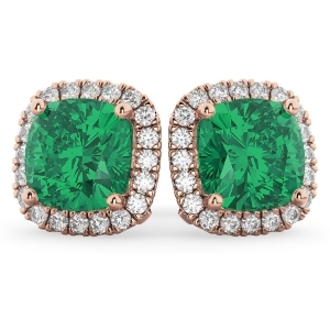 Halo Cushion Emerald and Diamond Earrings 14k Rose Gold 4.04ct - All