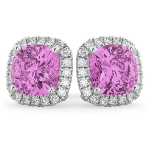 Halo Cushion Pink Sapphire and Diamond Earrings 14k White Gold 4.04ct - All