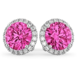 Halo Round Pink Tourmaline and Diamond Earrings 14k White Gold 4.57ct - All