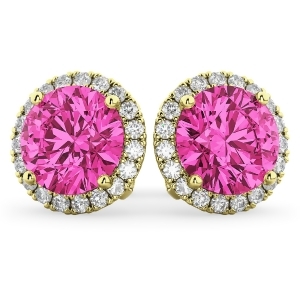 Halo Round Pink Tourmaline and Diamond Earrings 14k Yellow Gold 4.57ct - All