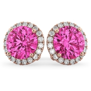 Halo Round Pink Tourmaline and Diamond Earrings 14k Rose Gold 4.57ct - All