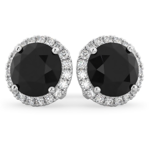 Halo Round Black Diamond and Diamond Earrings 14k White Gold 4.57ct - All