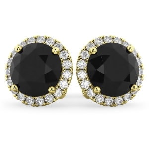 Halo Round Black Diamond and Diamond Earrings 14k Yellow Gold 4.57ct - All