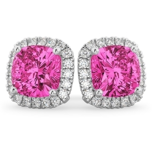 Halo Cushion Pink Tourmaline and Diamond Earrings 14k White Gold 4.04ct - All