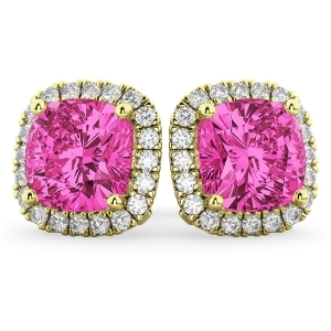 Halo Cushion Pink Tourmaline and Diamond Earrings 14k Yellow Gold 4.04ct - All