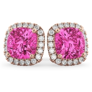 Halo Cushion Pink Tourmaline and Diamond Earrings 14k Rose Gold 4.04ct - All