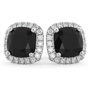 Cushion Cut Black Diamond and Diamond Earrings 14k White Gold 3.10ct - All