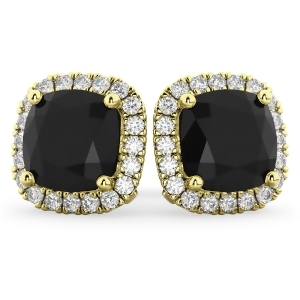 Cushion Cut Black Diamond and Diamond Earrings 14k Yellow Gold 3.10ct - All