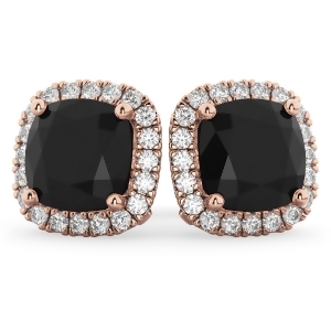 Cushion Cut Black Diamond and Diamond Earrings 14k Rose Gold 3.10ct - All