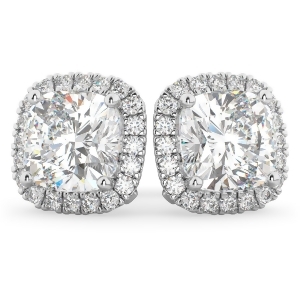 Halo Cushion Cut Diamond Stud Earrings 14k White Gold 3.10ct - All