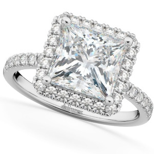 Princess Cut Halo Moissanite and Diamond Engagement Ring 14K White Gold 3.35ct - All