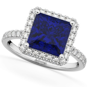 Princess Cut Halo Blue Sapphire and Diamond Engagement Ring 14K White Gold 3.47ct - All