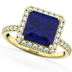 Princess Cut Halo Blue Sapphire and Diamond Engagement Ring 14K Yellow Gold 3.47ct - All