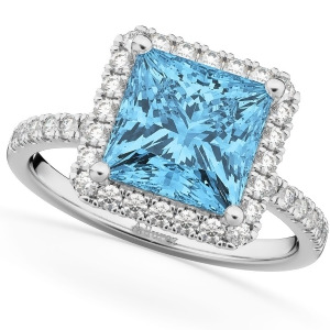 Princess Cut Halo Blue Topaz and Diamond Engagement Ring 14K White Gold 3.47ct - All