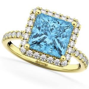Princess Cut Halo Blue Topaz and Diamond Engagement Ring 14K Yellow Gold 3.47ct - All