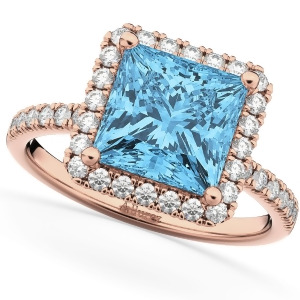 Princess Cut Halo Blue Topaz and Diamond Engagement Ring 14K Rose Gold 3.47ct - All