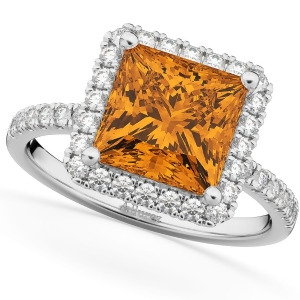 Princess Cut Halo Citrine and Diamond Engagement Ring 14K White Gold 3.47ct - All