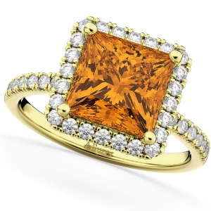 Princess Cut Halo Citrine and Diamond Engagement Ring 14K Yellow Gold 3.47ct - All