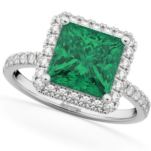 Princess Cut Halo Emerald and Diamond Engagement Ring 14K White Gold 3.57ct - All