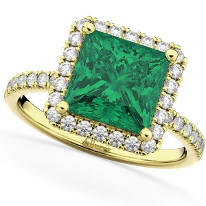 Princess Cut Halo Emerald and Diamond Engagement Ring 14K Yellow Gold 3.57ct - All
