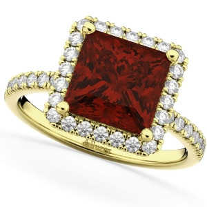 Princess Cut Halo Garnet and Diamond Engagement Ring 14K Yellow Gold 3.47ct - All