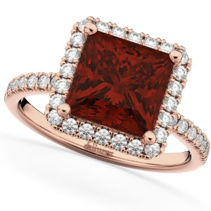 Princess Cut Halo Garnet and Diamond Engagement Ring 14K Rose Gold 3.47ct - All