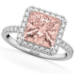 Princess Cut Halo Morganite and Diamond Engagement Ring 14K White Gold 3.47ct - All