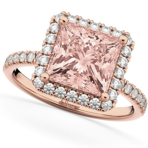 Princess Cut Halo Morganite and Diamond Engagement Ring 14K Rose Gold 3.47ct - All
